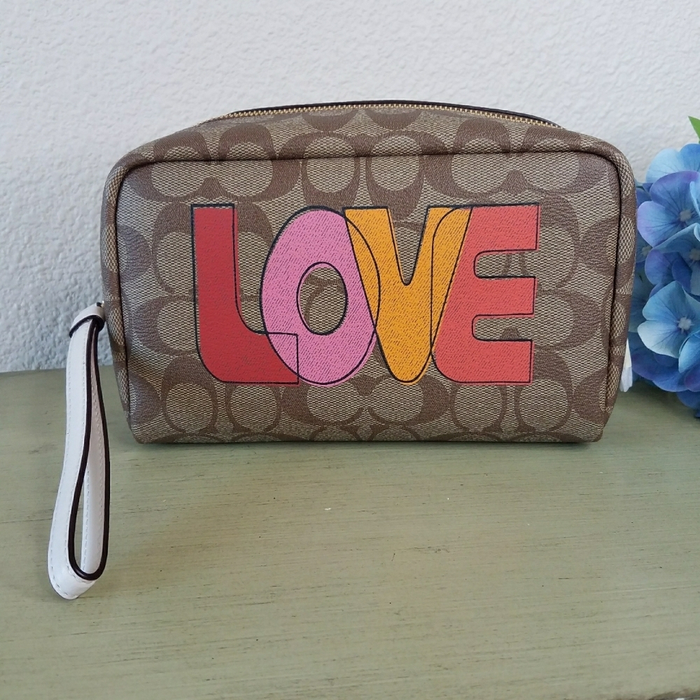 Coach Signature Canvas Cosmetic Pouch with LOVE Graphic